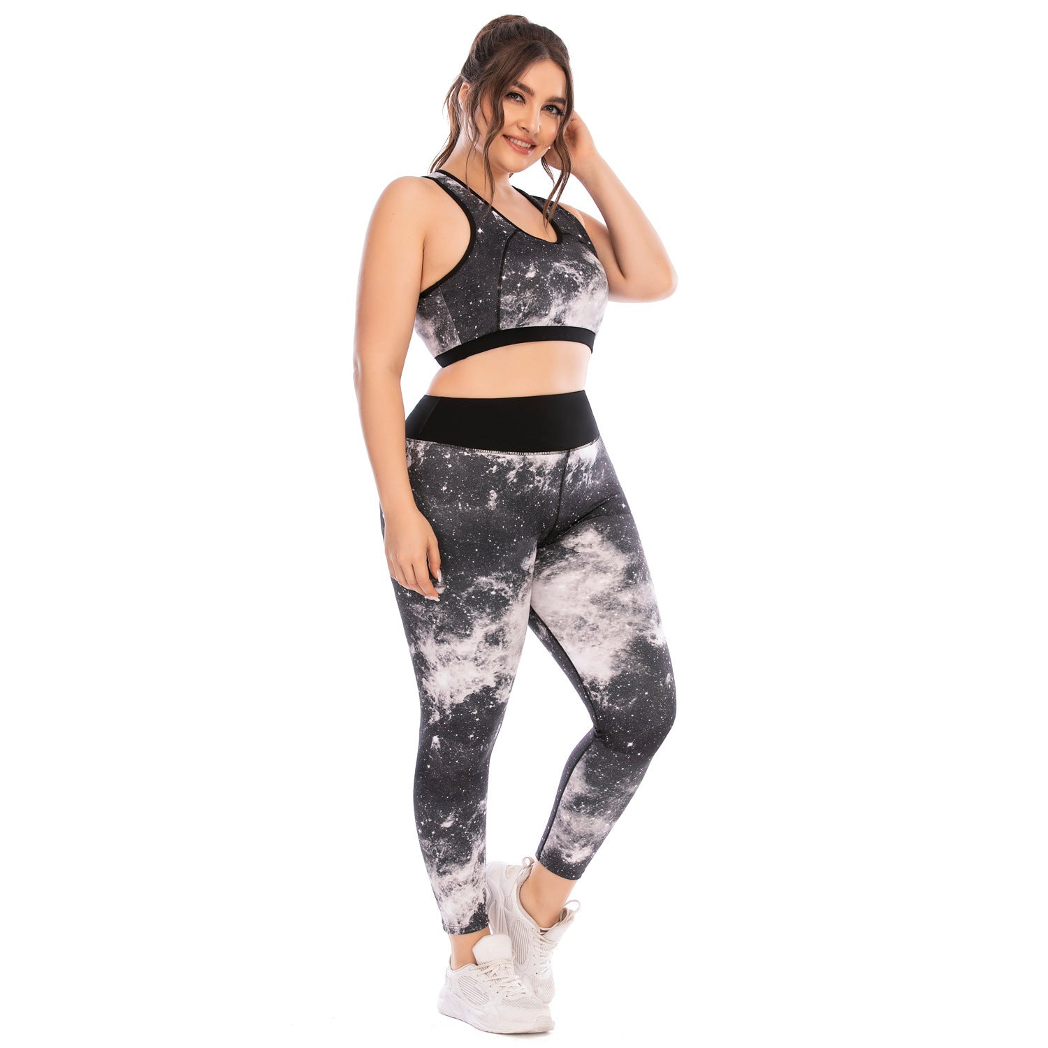 Plus Size Workout Set Yoga Clothes Print Gray Polyester Tight Fitting Pants And Sports Bra