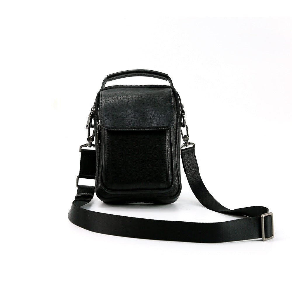 Mens Genuine Leather Top Grain Cowhide Retro Messenger Bag Black 7 Inch European American Style