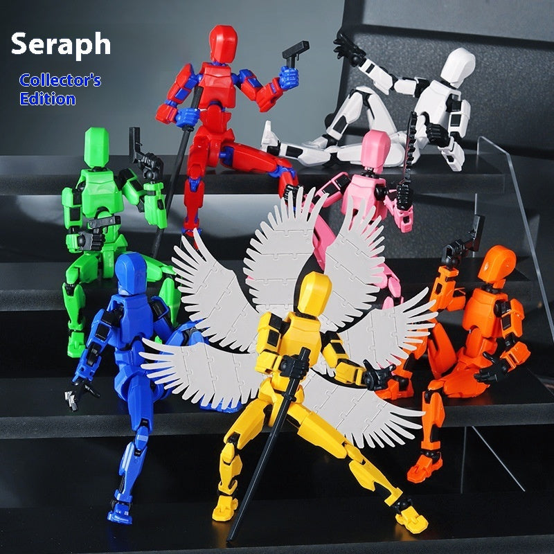 Angel-wing multi-joint robot action figure set with red and white center figure and others
