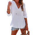 Women’s hooded V-neck long-sleeve top with front pocket, split hem, white
