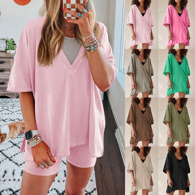 Women’s cotton short-sleeve top and shorts set, pink v-neck with matching shorts