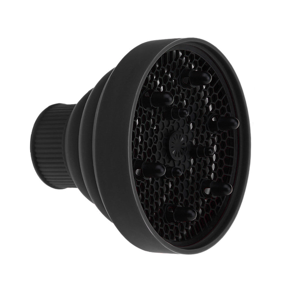 Black silicone folding hair diffuser with black hex mesh and ribbed grip