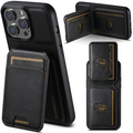 Black leather phone case with card holder slots and flip cover with logo patch