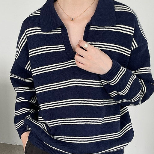 Korean Style Idle Style Polo Collar Loose Striped Knitted Sweater