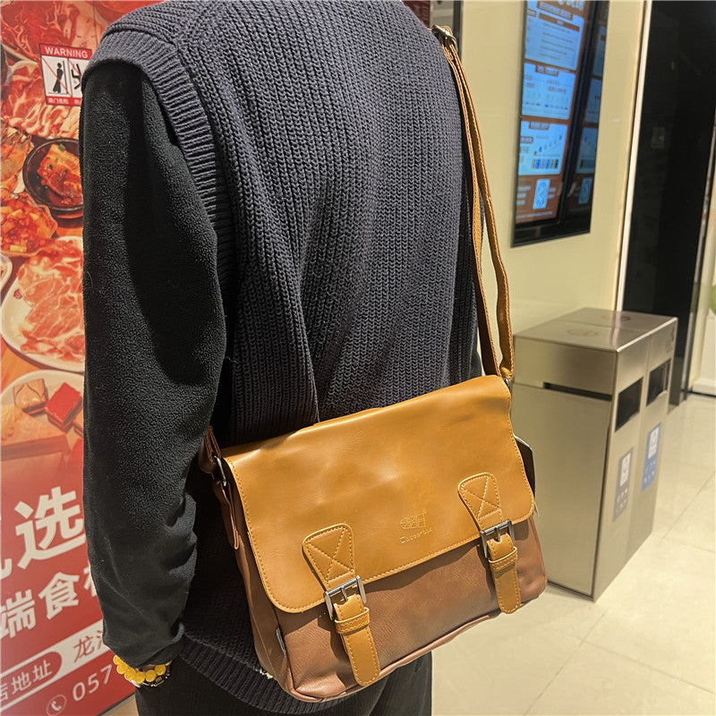 Retro Mens Japanese And Korean Casual Simple Shoulder Fashion Messenger Bag PU Leather Travel Everyday Use