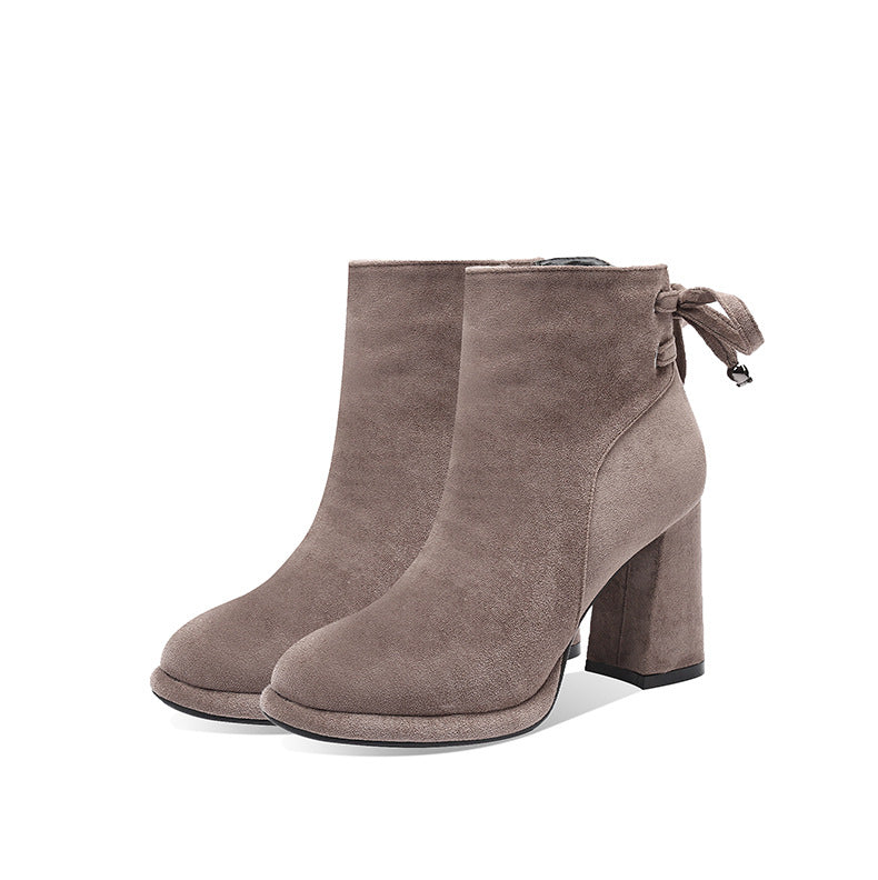Women's taupe suede ankle boots, round toe, chunky block heel, back zip