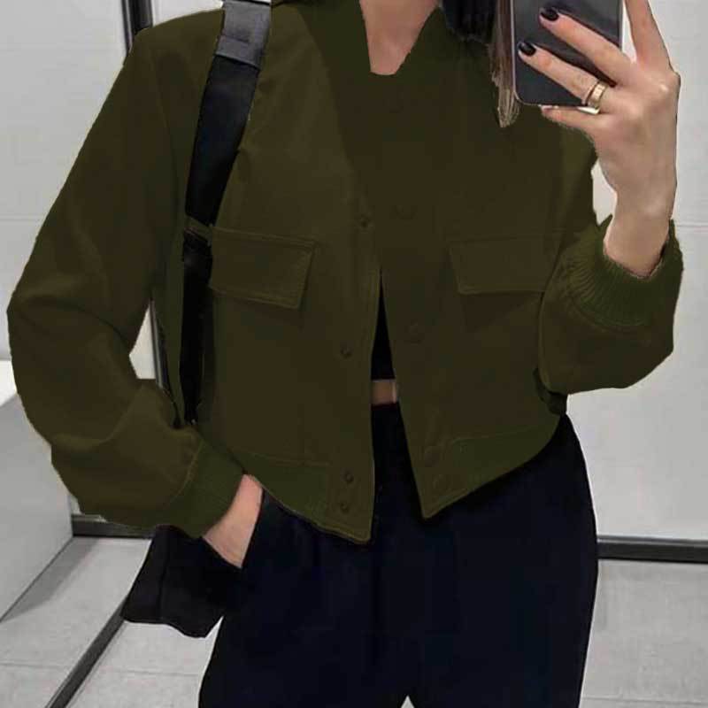 Olive green button-up stand-collar jacket with flap chest pockets and ribbed cuffs