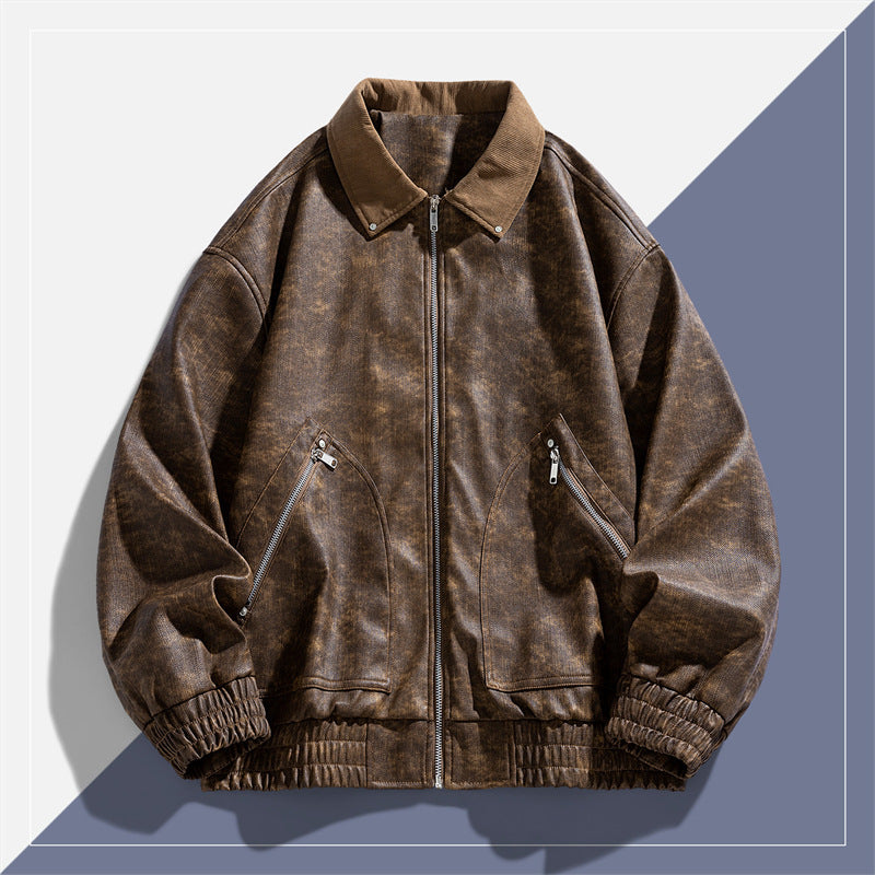 Men's American-style Retro Lapels PU Leather Jacket