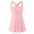 Pink one-piece swimsuit with crisscross back straps and ruched padded bust, lace overlay skirt