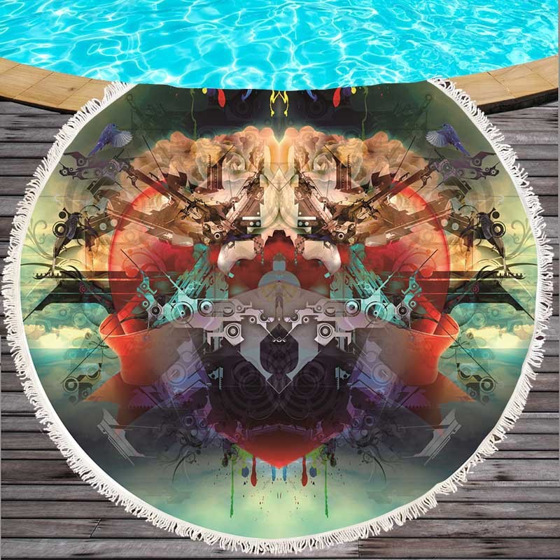 Round beach towel with colorful feathers and tassels