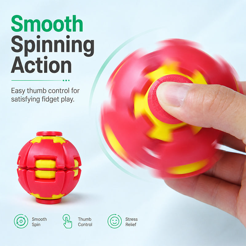 Red and yellow 3D printed spinning fidget ball with hand thumb poised to spin