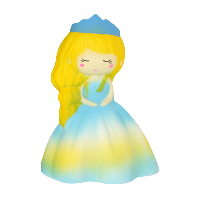 Squishy doll toy with long blonde hair, blue hat, and rainbow dress