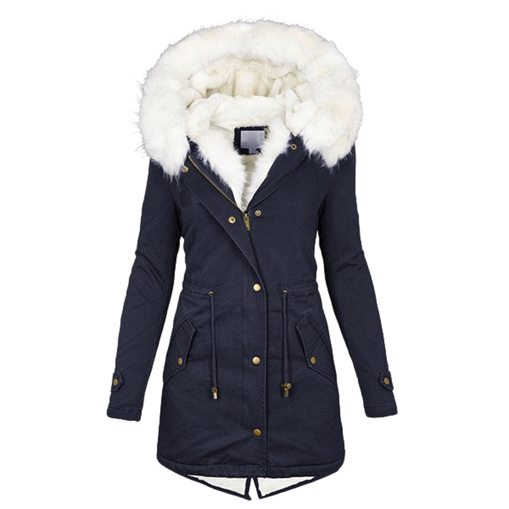 Women’s cotton padded parka, navy with white faux-fur hood collar and gold button front.