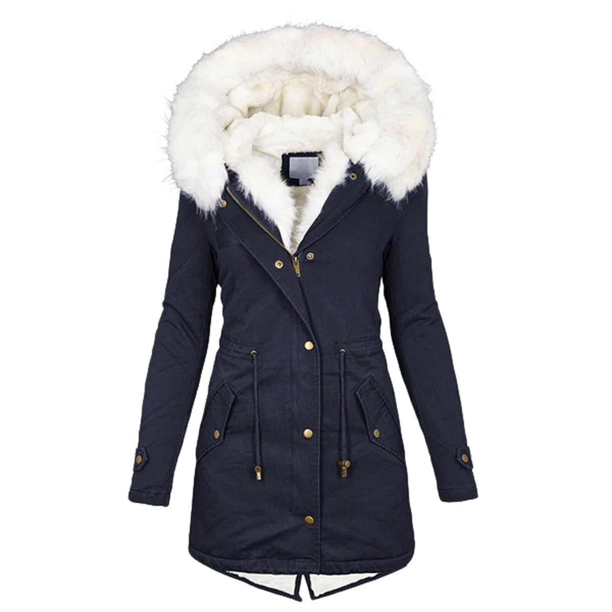 Women’s cotton padded parka, navy with white faux-fur hood collar and gold button front.