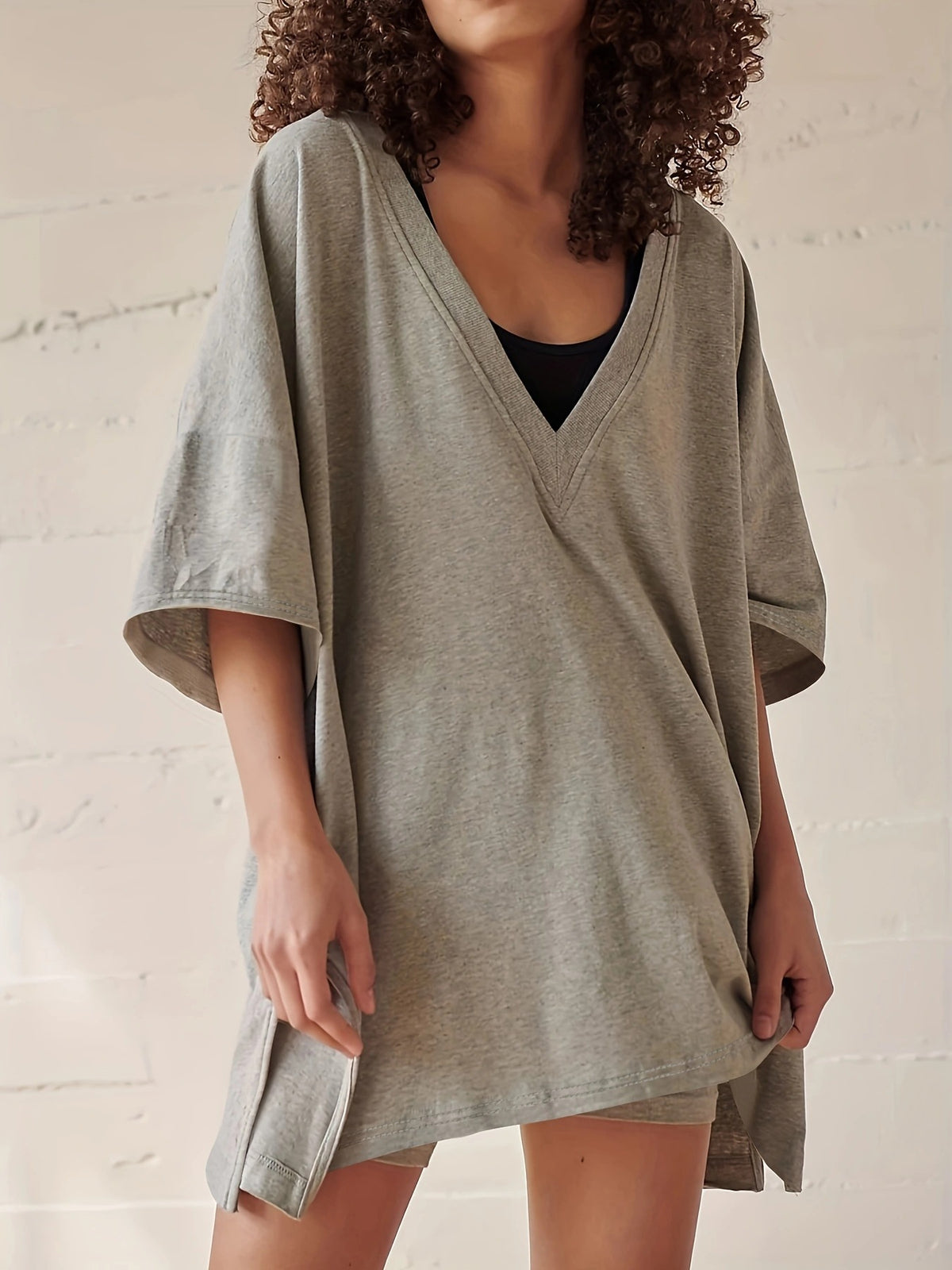 Women’s cotton short-sleeve top and shorts set, heather gray v-neck with matching shorts