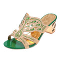 Green jeweled slip-on sandals with open toe and gold block heel