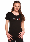 Women's black scoop-neck graphic T-shirt with XOXO print