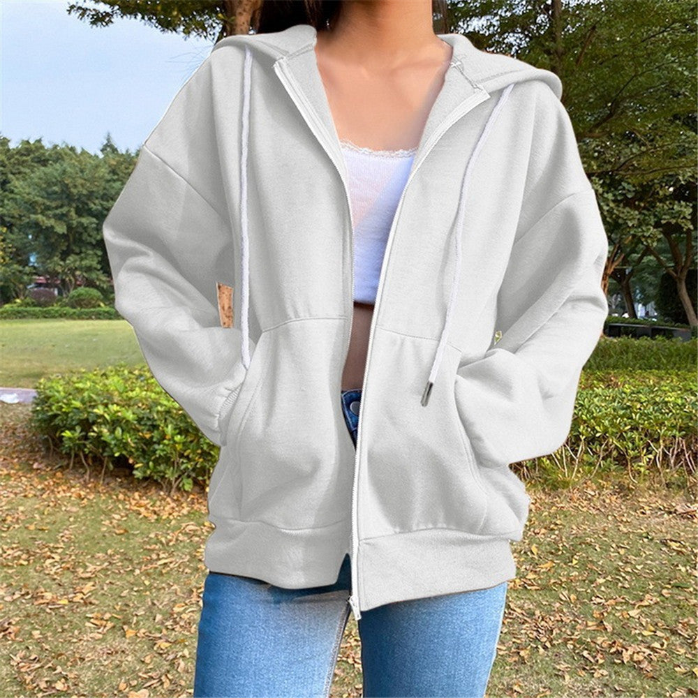 Gray zip-up hooded jacket with long sleeves and front pockets, loose fit