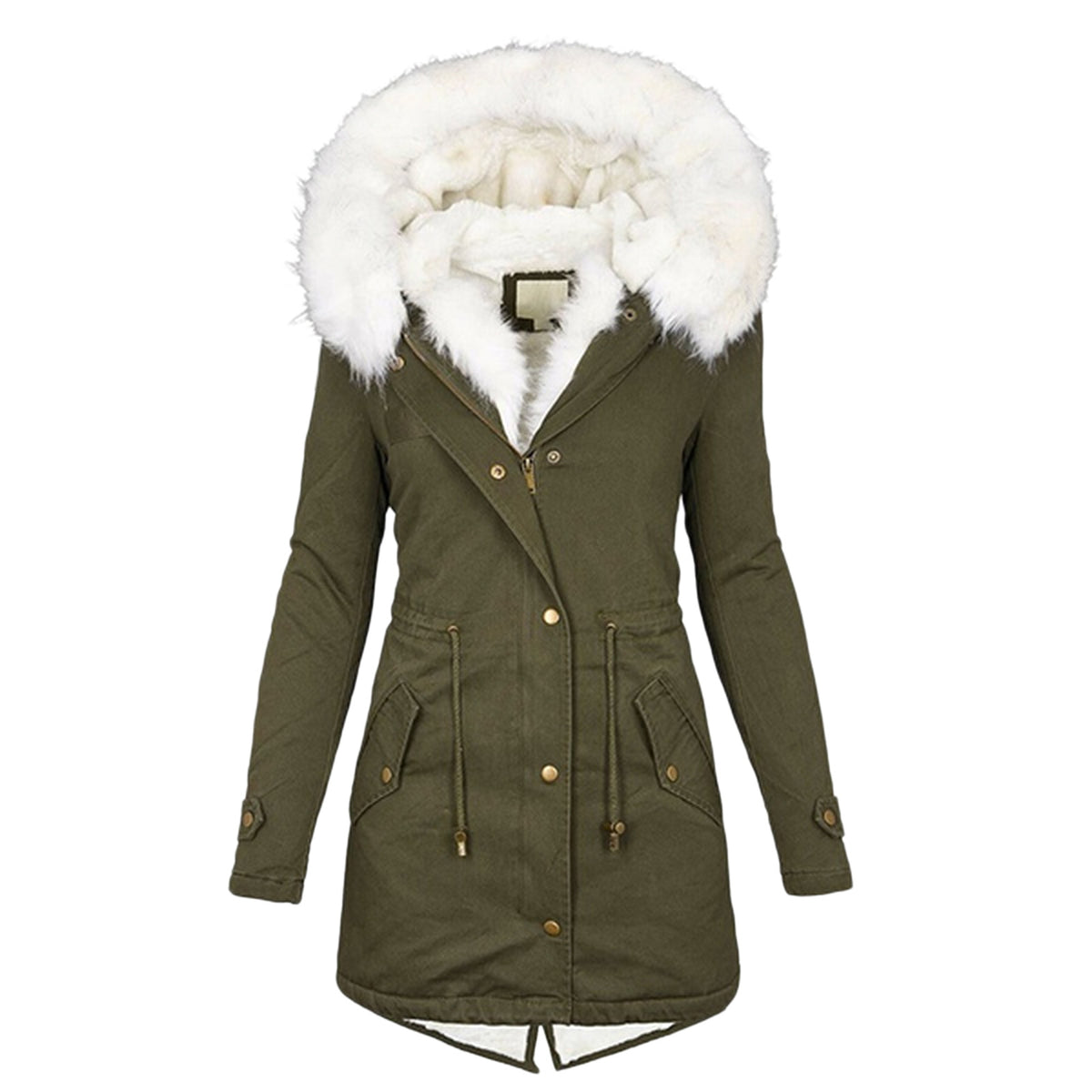 Women’s cotton padded parka, olive green with white faux-fur hood collar and gold buttons.
