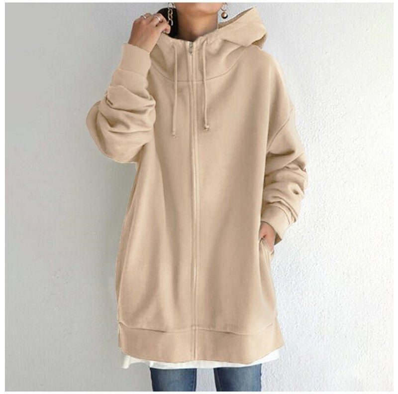 Women’s oversized hooded zip coat in beige, long sleeves with drawstring hood