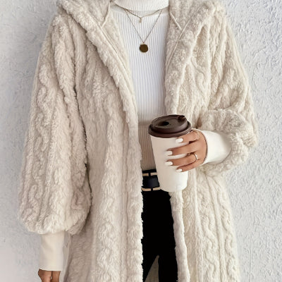 Hooded long plush coat in milky white, roomy sleeves, open front with hood.