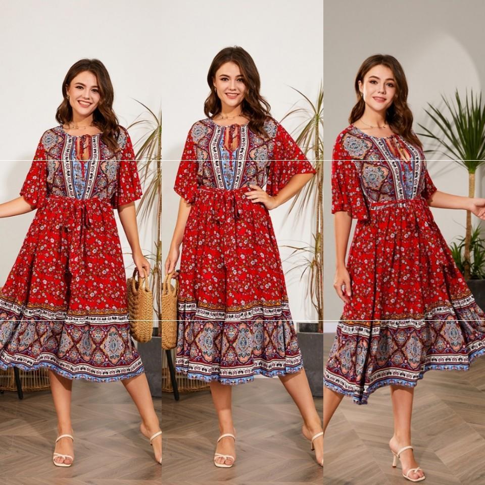 Plus Size Summer V Neck Print Beach Dress Cotton Red for Women Sizes L XL XXL 3XL 4XL