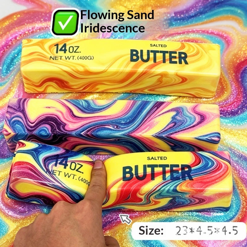 Rainbow “Butter” squishy sticks with flowing-sand swirl design, hand shown