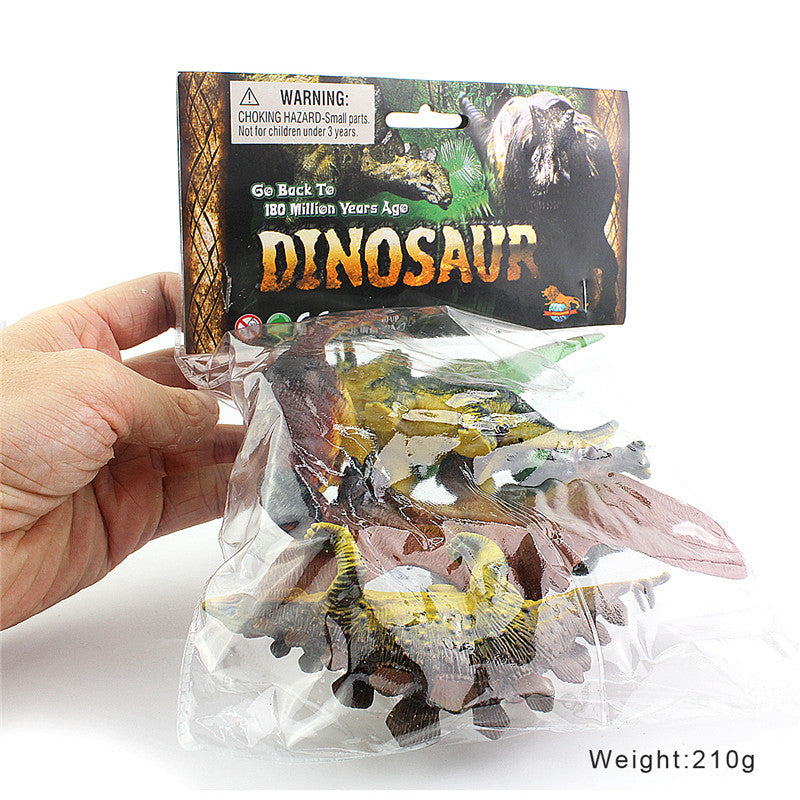Dinosaur model toy set packaged in clear bag with card header held in hand