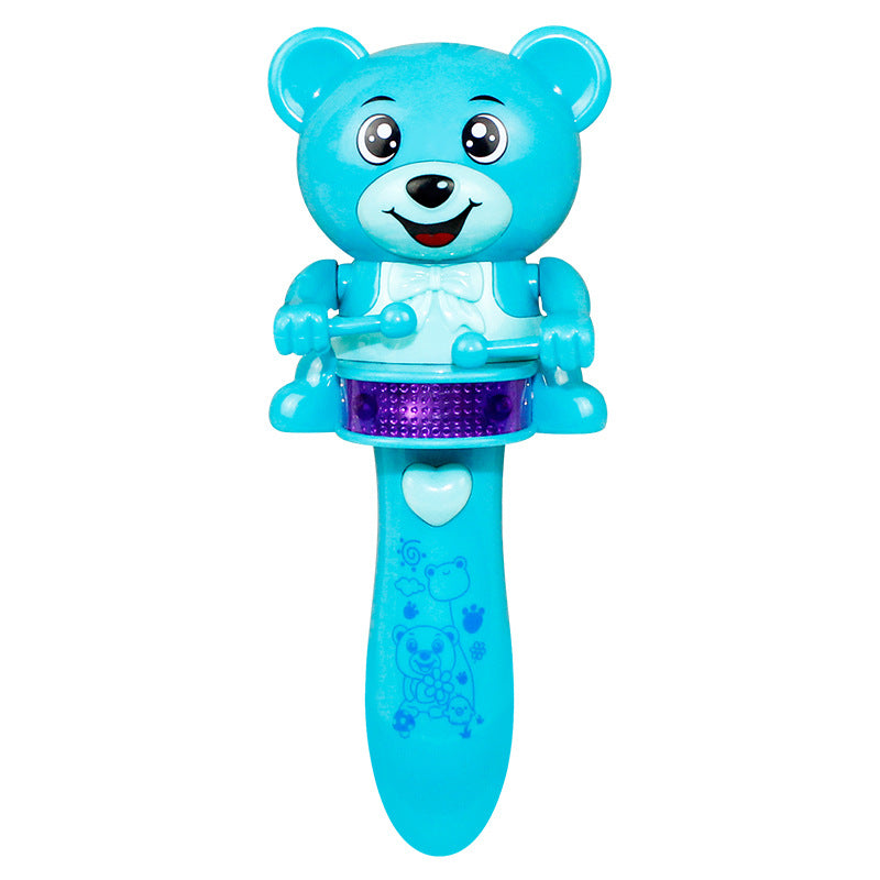 Blue bear baby music stick toy with purple drum and heart details