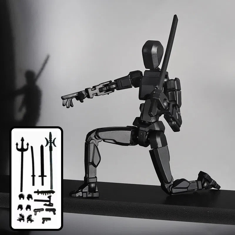Black articulated robot action figure with long rifle accessory and parts card