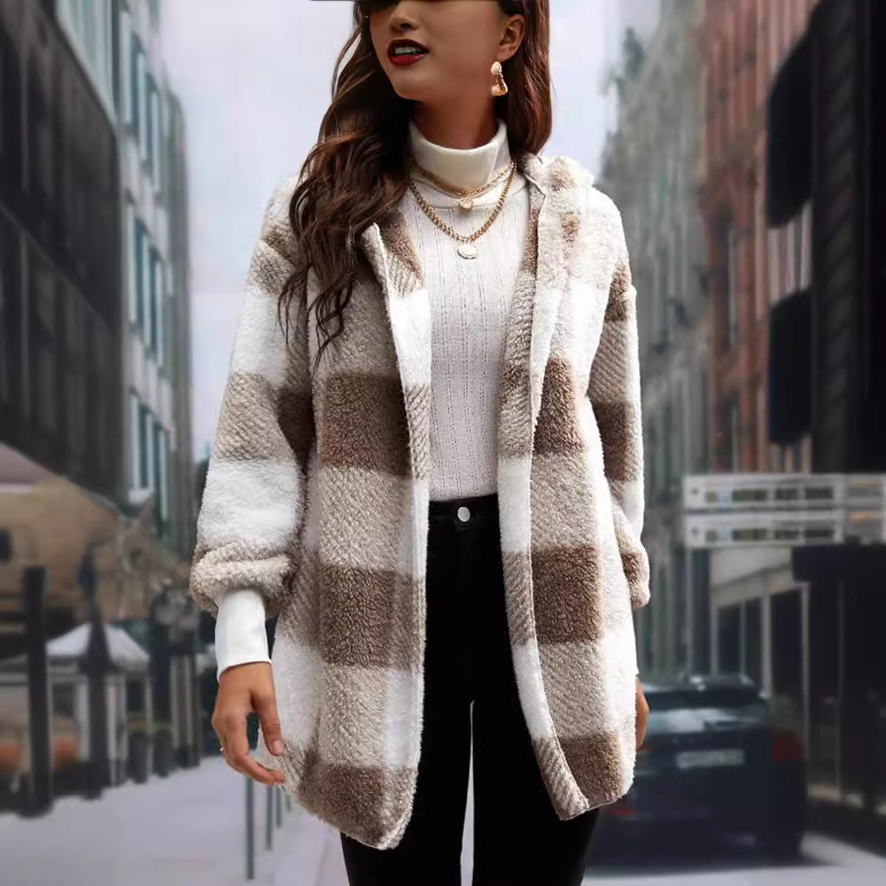 Cream and dark gray plaid knitted cardigan with open front and long sleeves