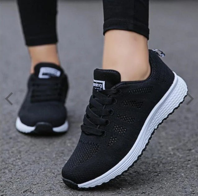 Women’s mesh wedge sneakers, black with white sole and lace-up front