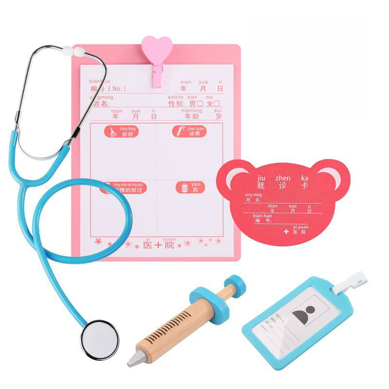 Doctor toy set with pink clipboard, stethoscope, thermometer, and ID card