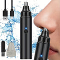 USB rechargeable trimmer with USB plug and guard attachments, black device with blue light