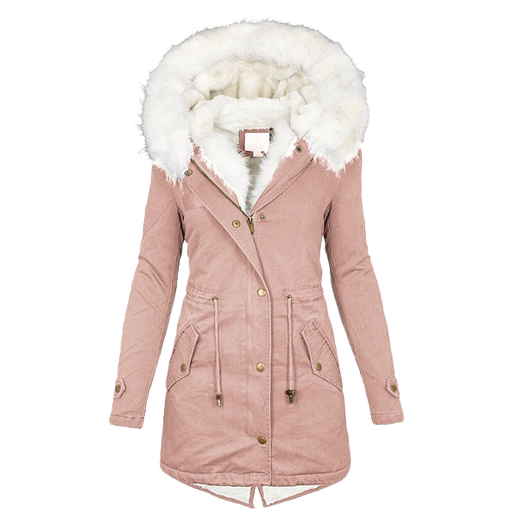 Women’s cotton padded parka, dusty pink with white faux-fur hood collar and gold buttons.