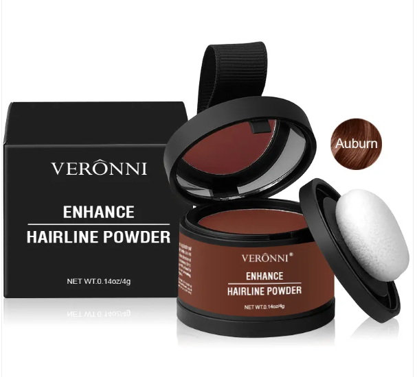 Hairline powder concealer in Auburn shade with black compact and applicator puff