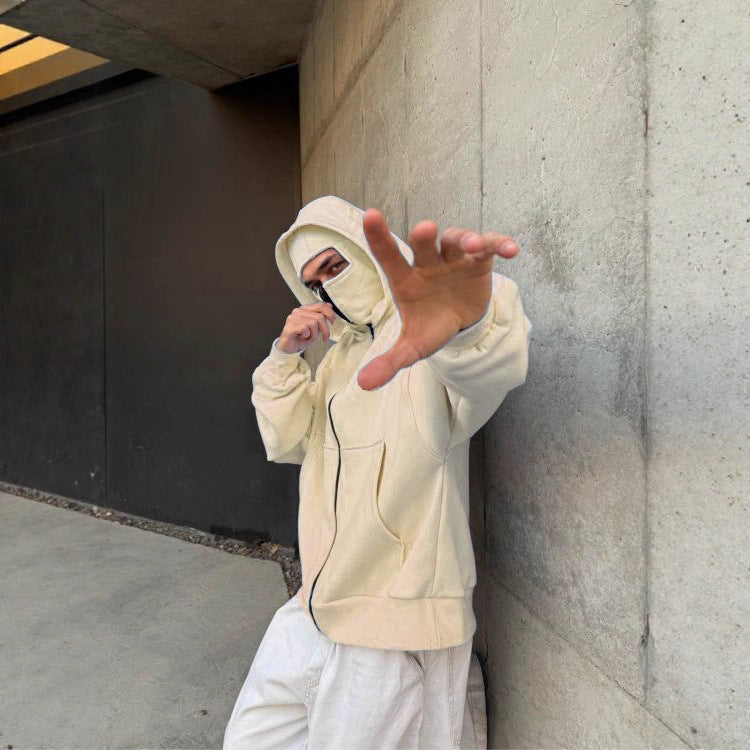 Double-layer Masked Hooded Loose Zip Men's Solid Color Hoodie