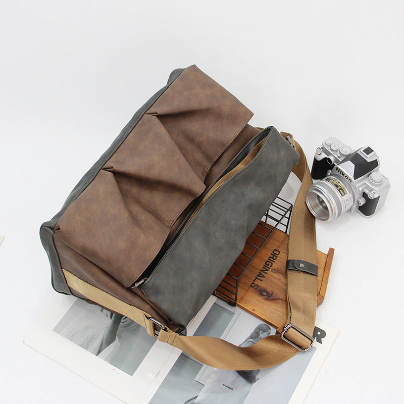 Mens Shoulder Messenger Bag Outdoor Gym Bag For Travel PU Material Wear Resistant Storable Gray Brown