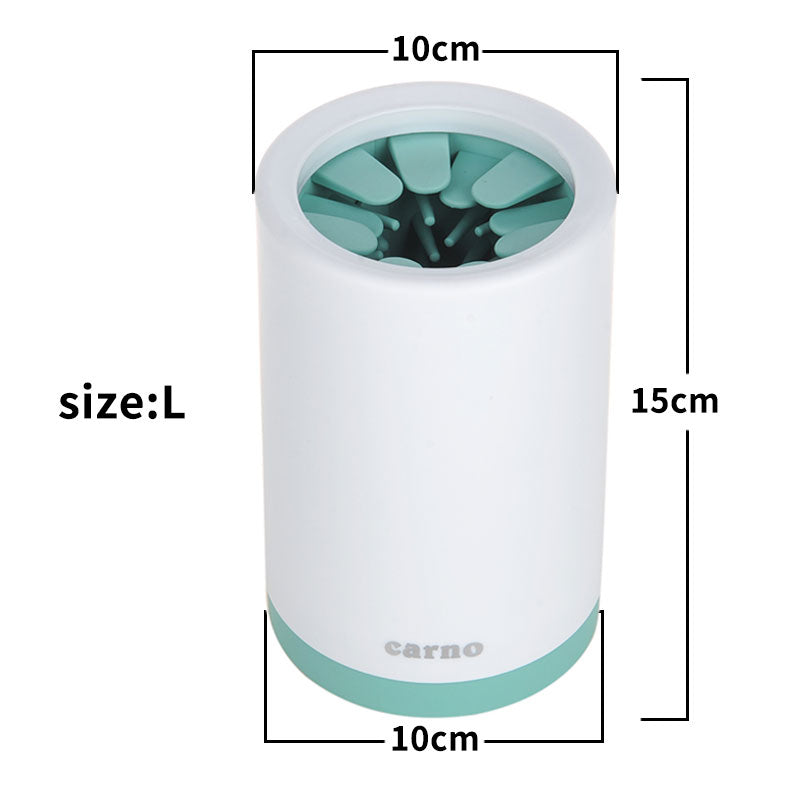 Dog paw cleaner cup (Size L) white body with mint-green silicone bristles, 15 cm tall