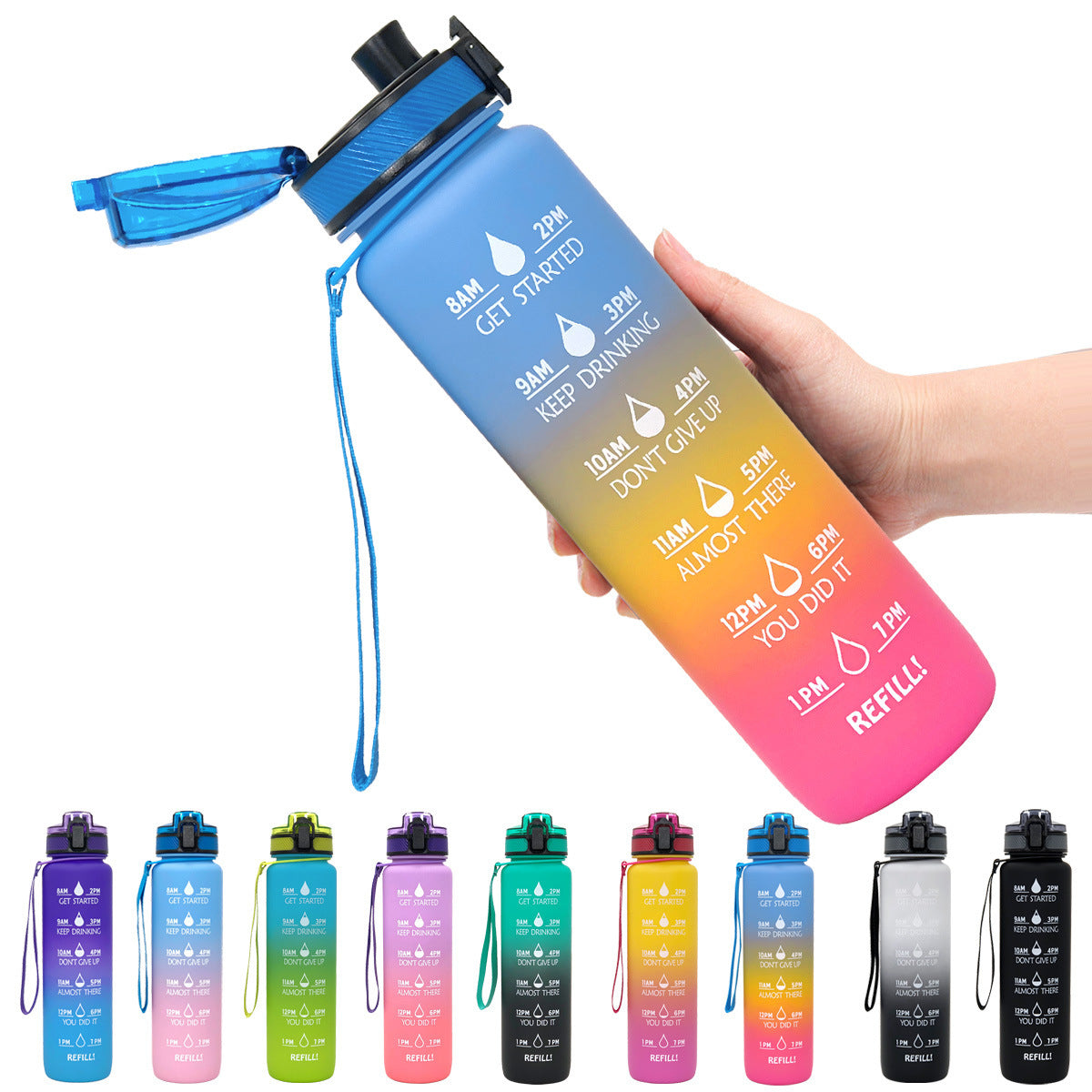 1L Motivational Water Bottle with Time Markers - Tritan Sports Bottle