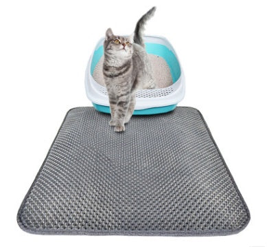 Honeycomb cat litter mat, gray textured honeycomb with cat in blue litter tray