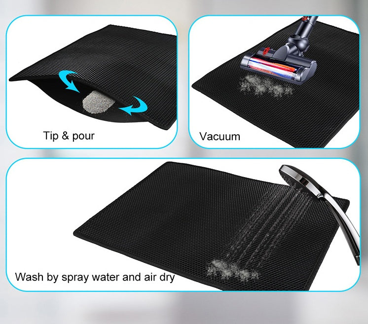 Honeycomb cat litter mat, black textured grid with spray and vacuum usage icons
