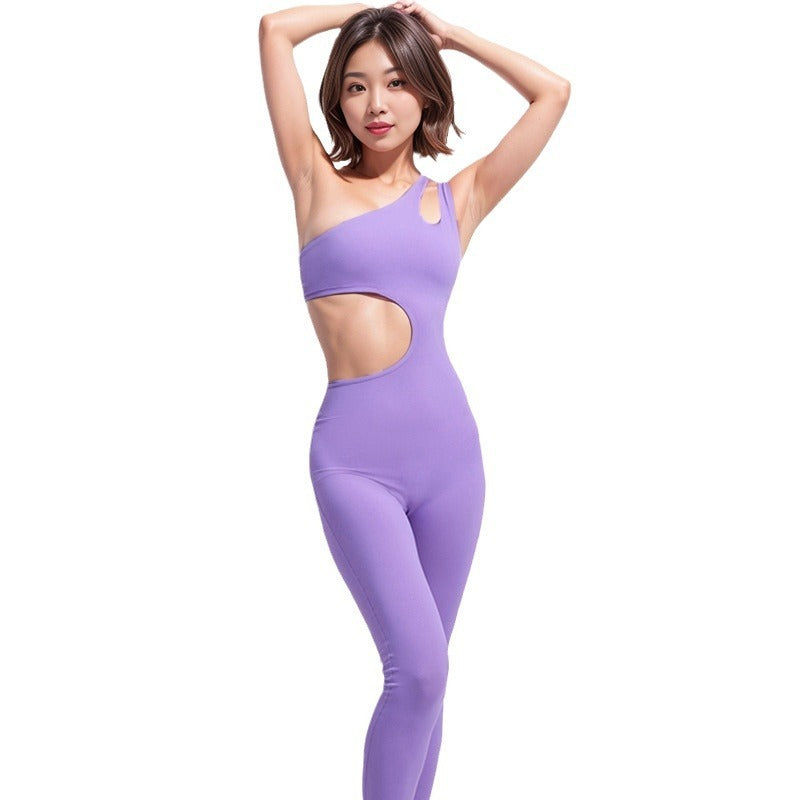One Piece Exercise Sleeveless Irregular Workout Clothes For Women Purple And Black Pullover Style With Spandex Lining
