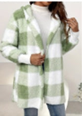 Light green and white plaid knit cardigan with open front, long sleeves