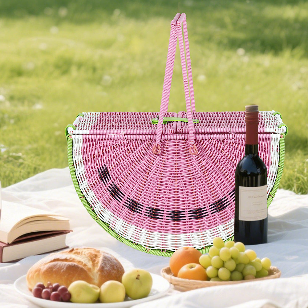 Watermelon Pattern Handheld Basket Multipurpose Rattan Look PP Material For Fruits Vegetables 46x23x28 cm