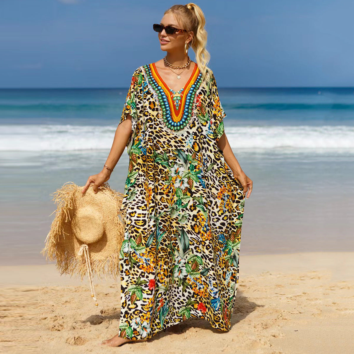 Bohemian Beach Cover Up Dress For Women - Flowy Long Maxi Dress, Lightweight Cotton Blend, Plus Size Available