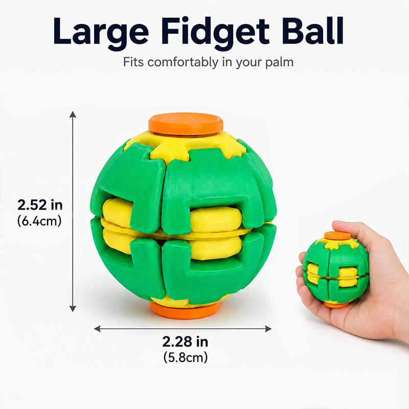Green and yellow 3D printed spinning fidget ball shown with hand for scale