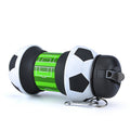 Foldable sports water bottle with white-and-black soccer shell and green printed center, black lid