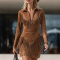 Dark brown suede midi dress with long sleeves, center zip, and layered fringe