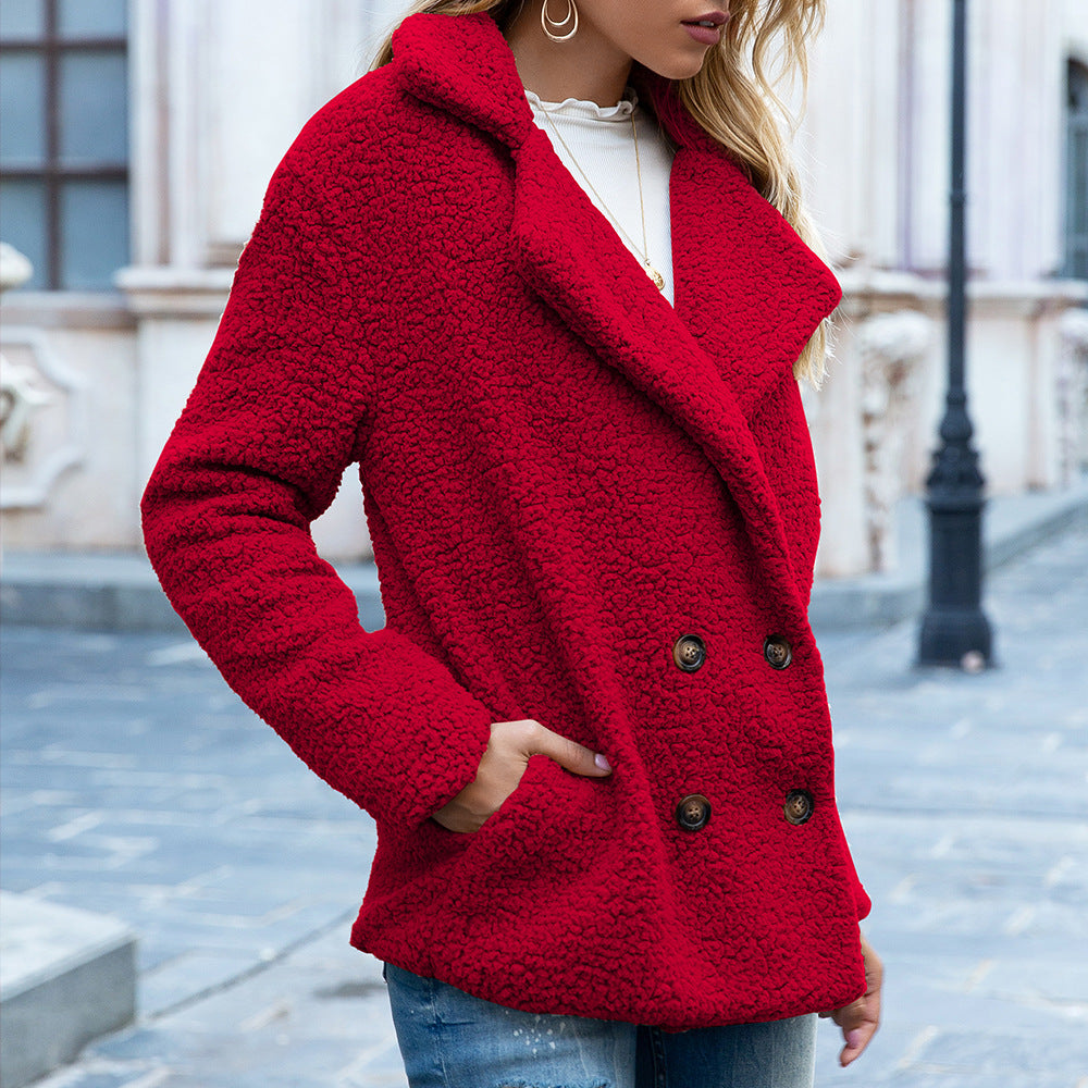 Red fluffy teddy button coat with notch lapels and double-breasted front